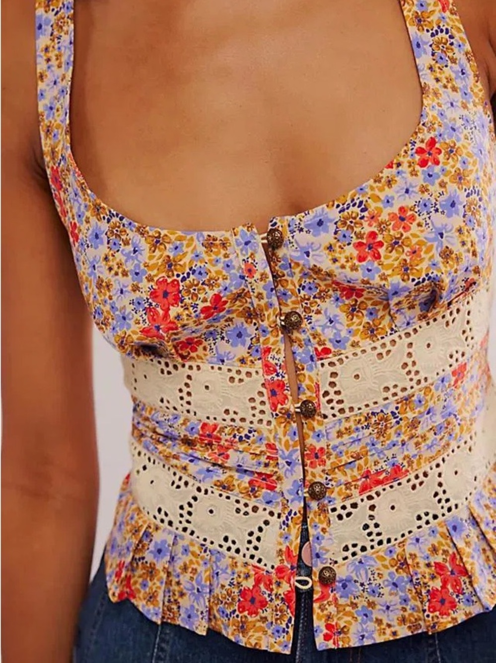 Free People Floral Eyelet Button-Front Corset Top - Lavender & Cream